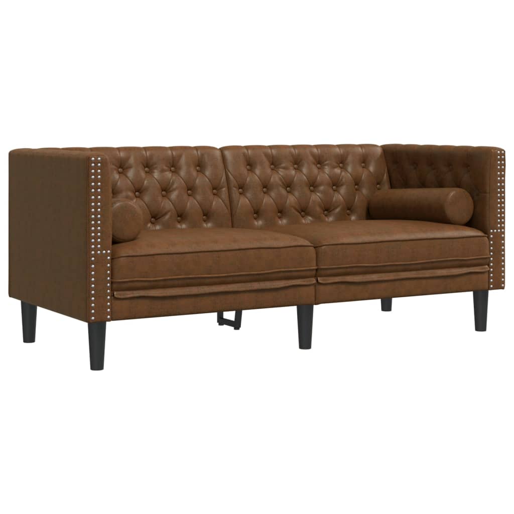 2 pcs conj. sofás chesterfield c/ rolos camurça artif. castanho