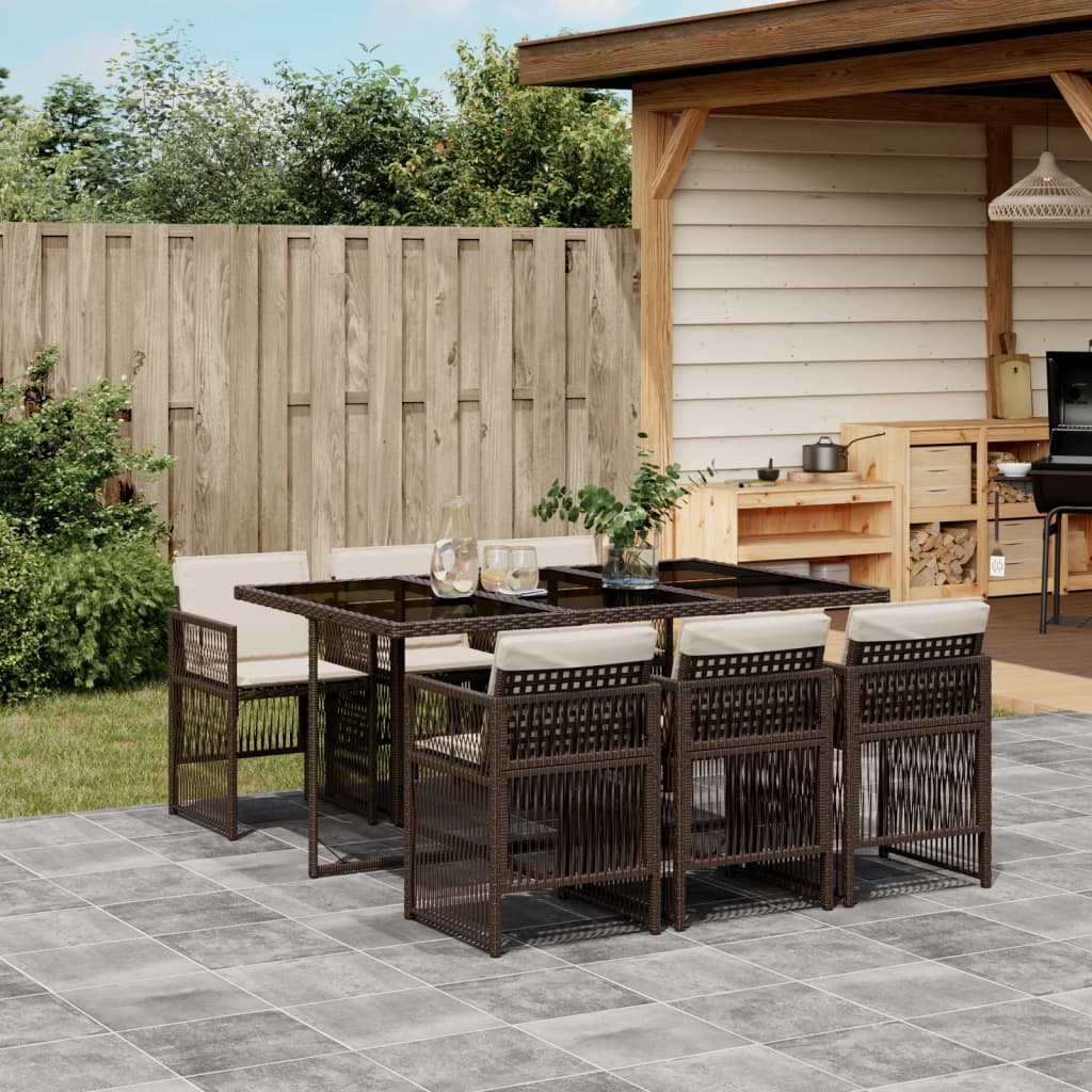 7 pcs conjunto jantar p/ jardim c/ almofadões vime PE castanho