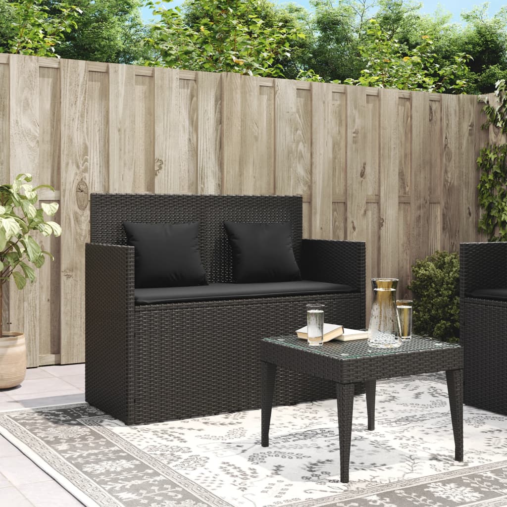 Garden bench with cushions in black PE wicker
