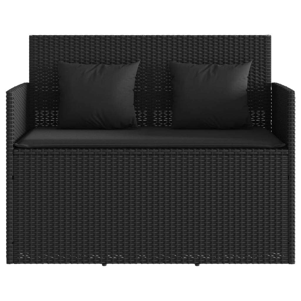 Garden bench with cushions in black PE wicker