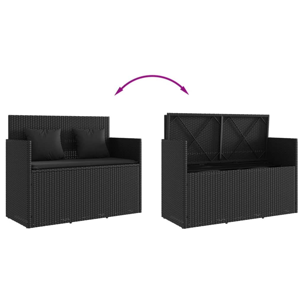 Garden bench with cushions in black PE wicker