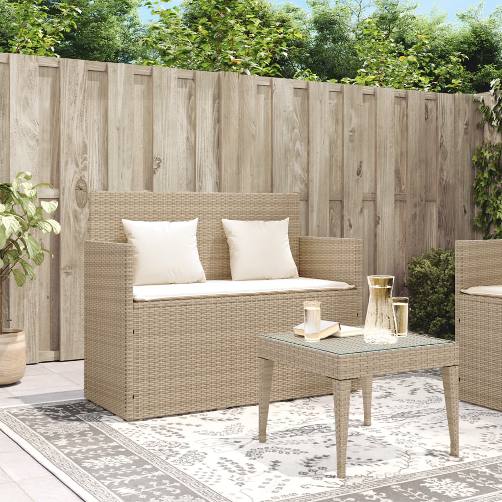 Garden bench with cushions in beige PE wicker