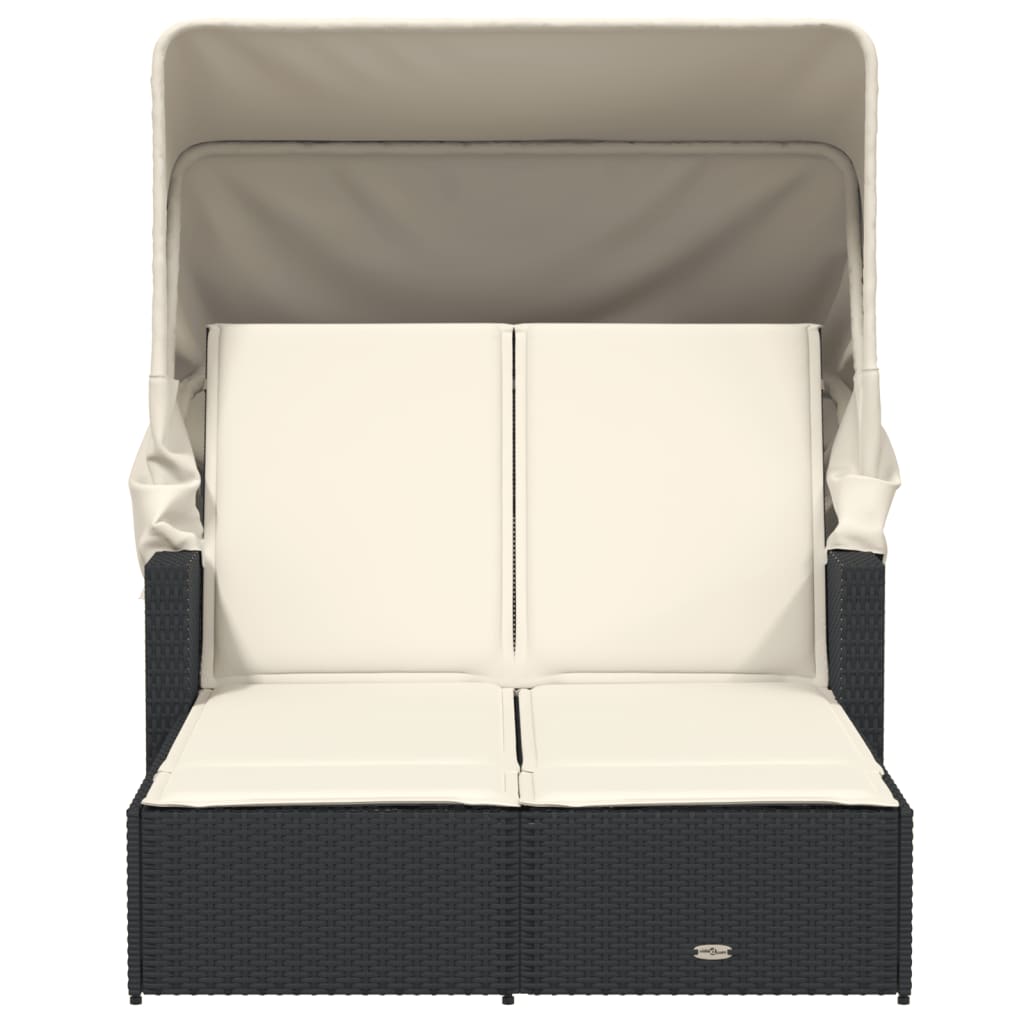 Double sun lounger with canopy and cushions in black poly rattan