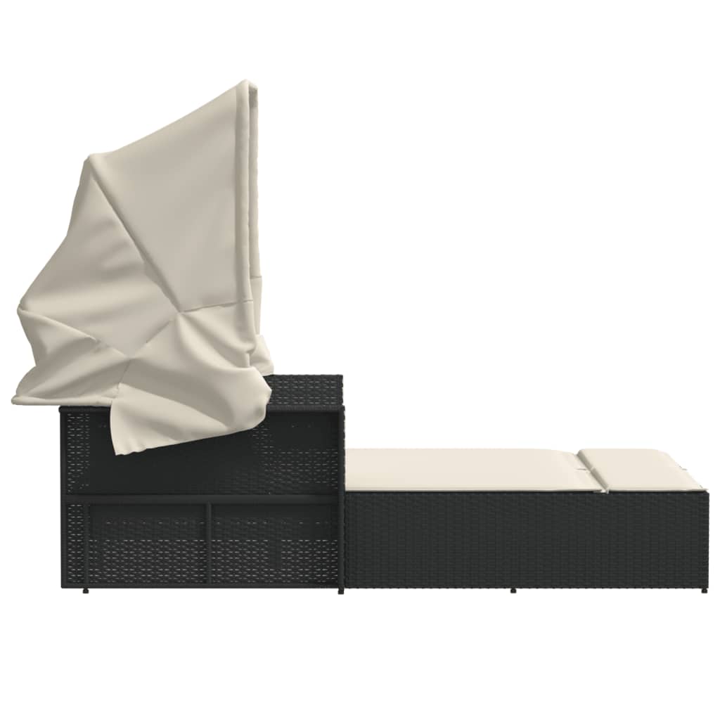 Double sun lounger with canopy and cushions in black poly rattan