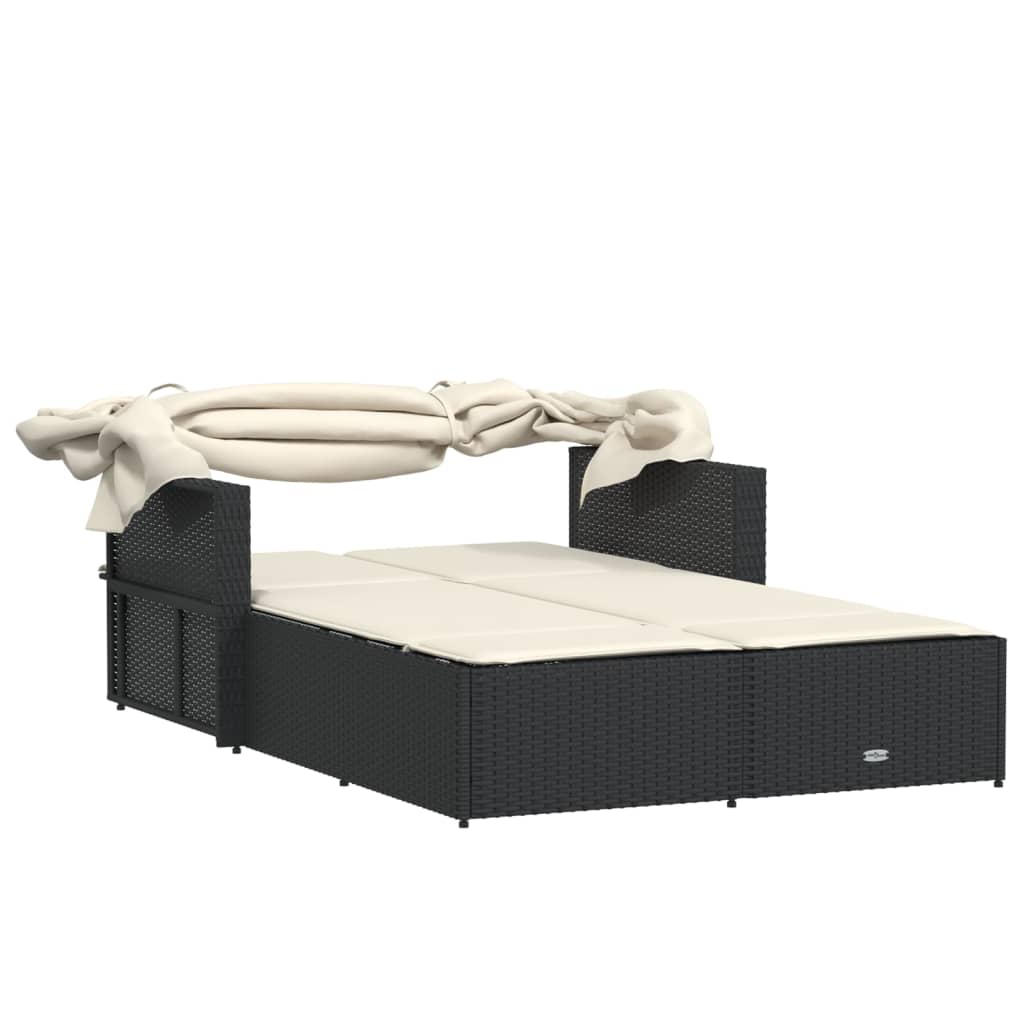 Double sun lounger with canopy and cushions in black poly rattan