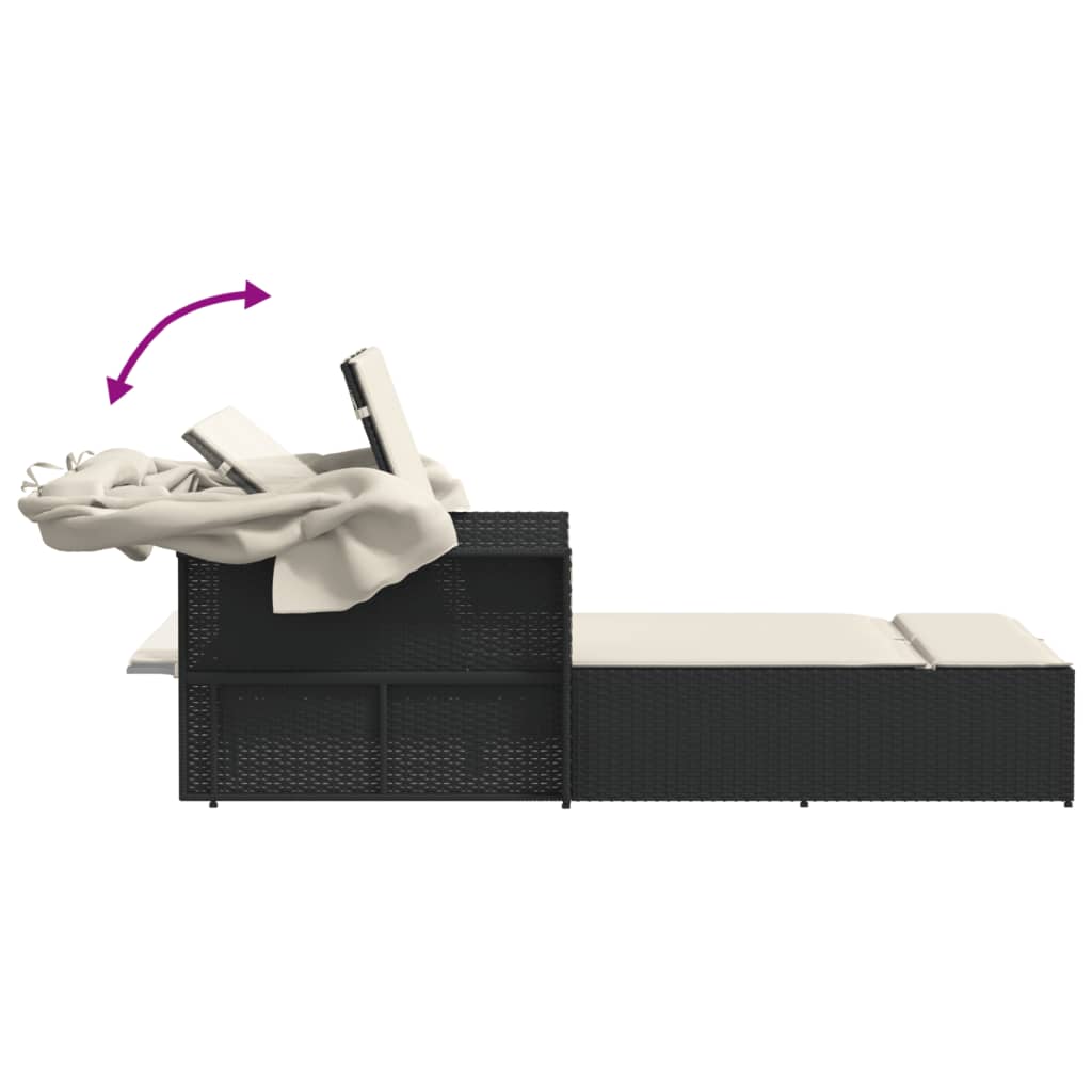 Double sun lounger with canopy and cushions in black poly rattan