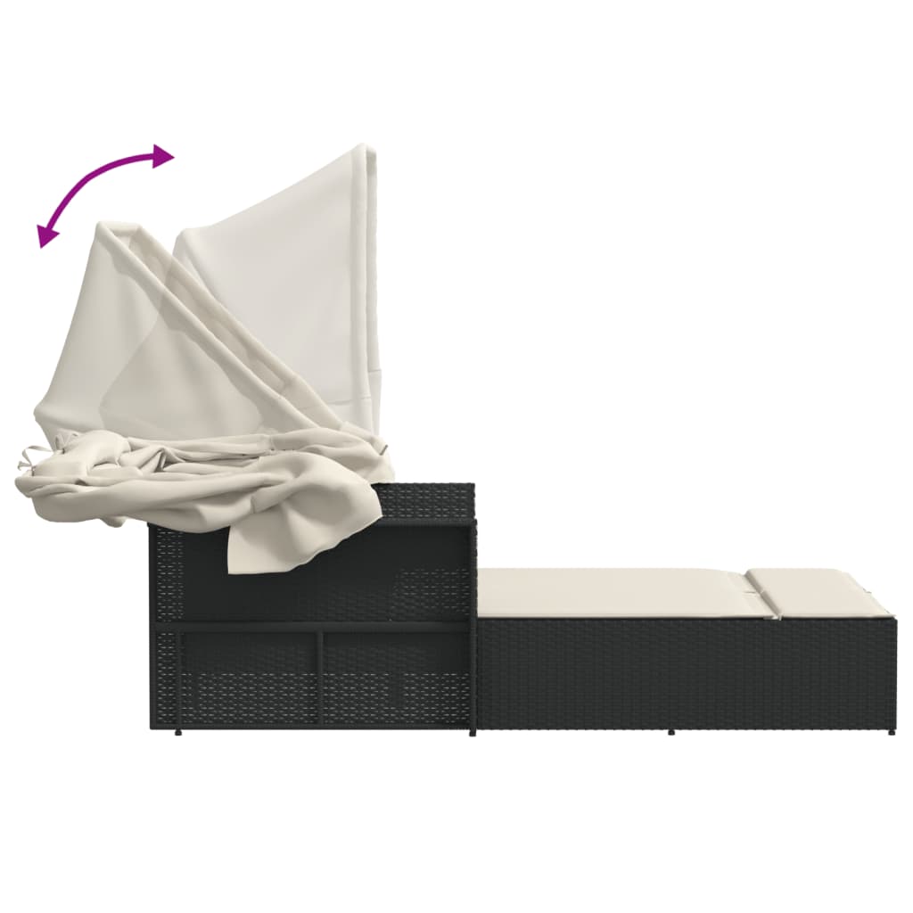 Double sun lounger with canopy and cushions in black poly rattan