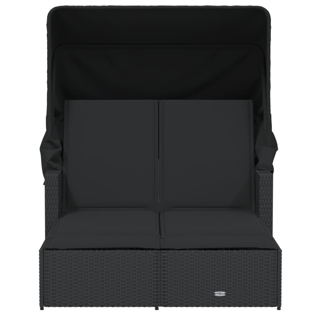 Double sun lounger with canopy and cushions in black poly rattan