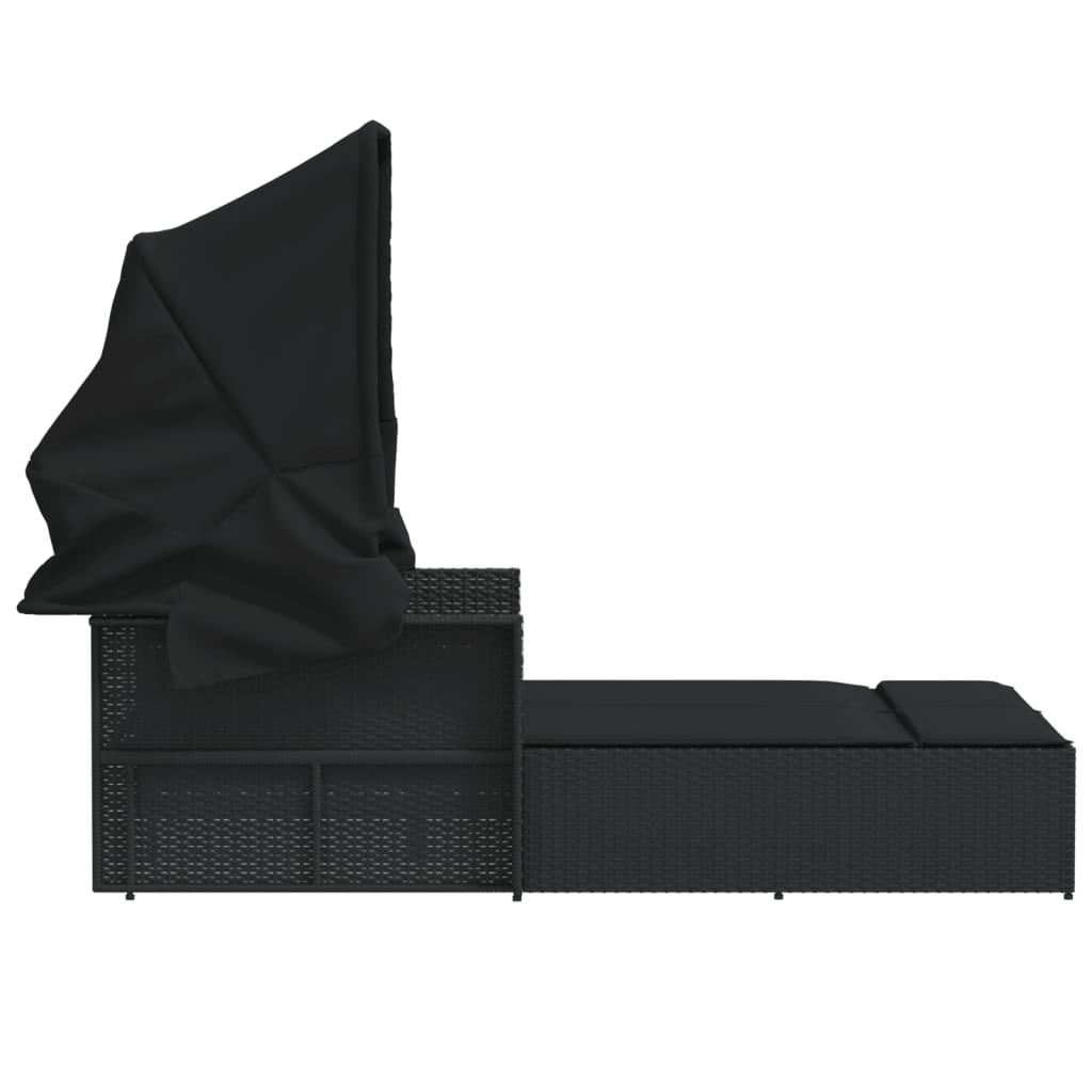 Double sun lounger with canopy and cushions in black poly rattan
