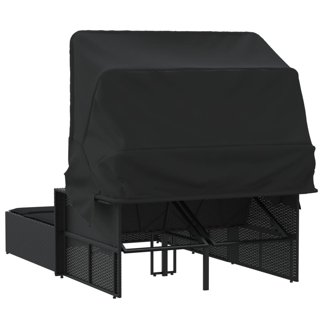 Double sun lounger with canopy and cushions in black poly rattan