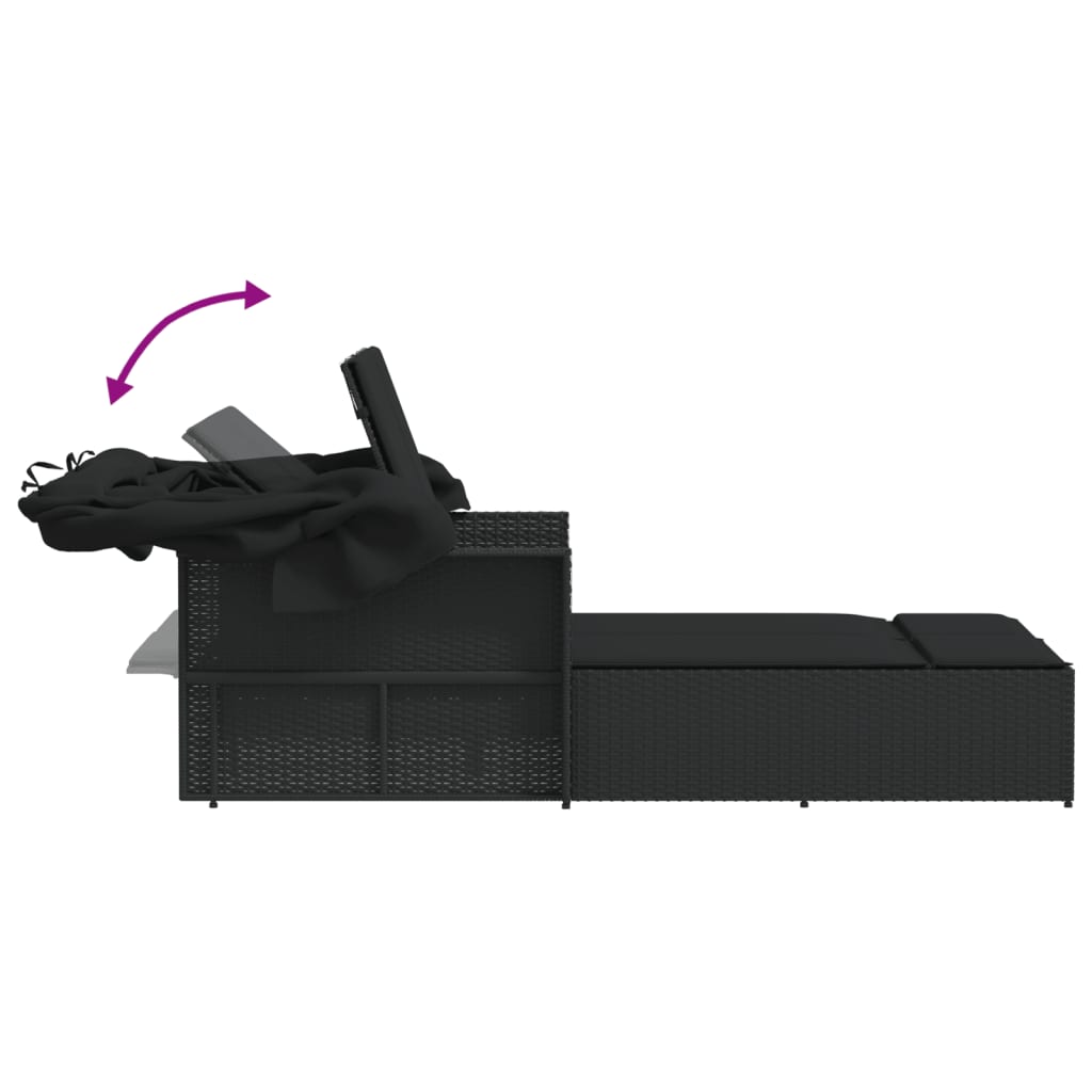 Double sun lounger with canopy and cushions in black poly rattan