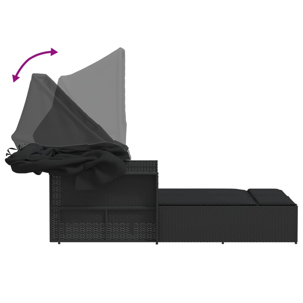 Double sun lounger with canopy and cushions in black poly rattan