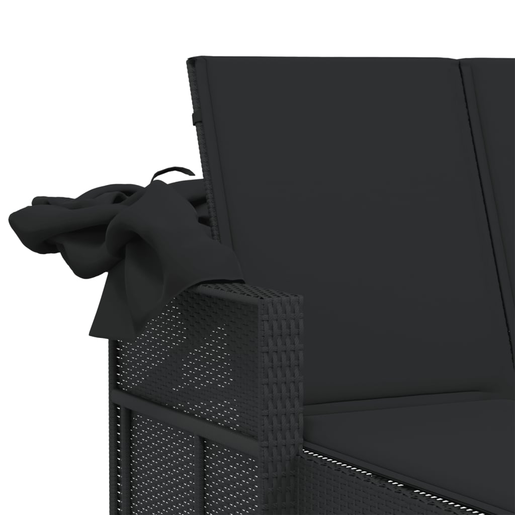 Double sun lounger with canopy and cushions in black poly rattan