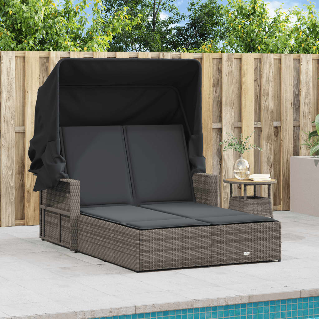 Double sun lounger with canopy and cushions in grey poly rattan