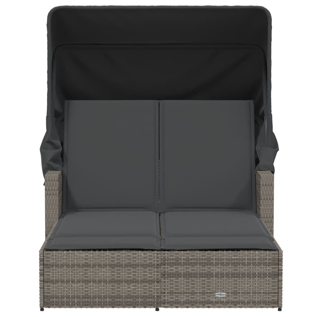 Double sun lounger with canopy and cushions in grey poly rattan