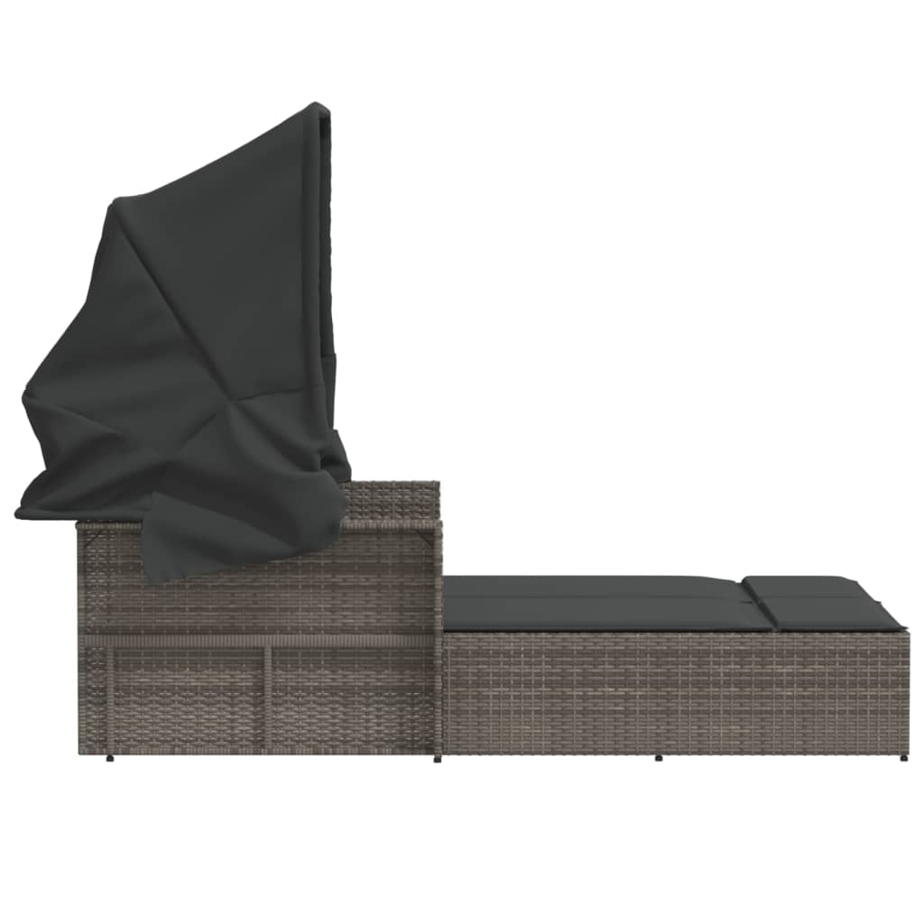 Double sun lounger with canopy and cushions in grey poly rattan