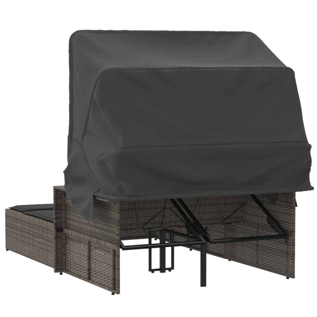 Double sun lounger with canopy and cushions in grey poly rattan