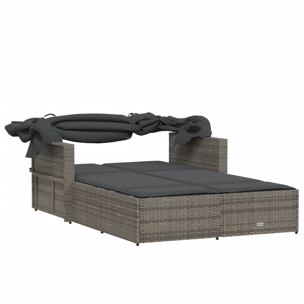 Double sun lounger with canopy and cushions in grey poly rattan