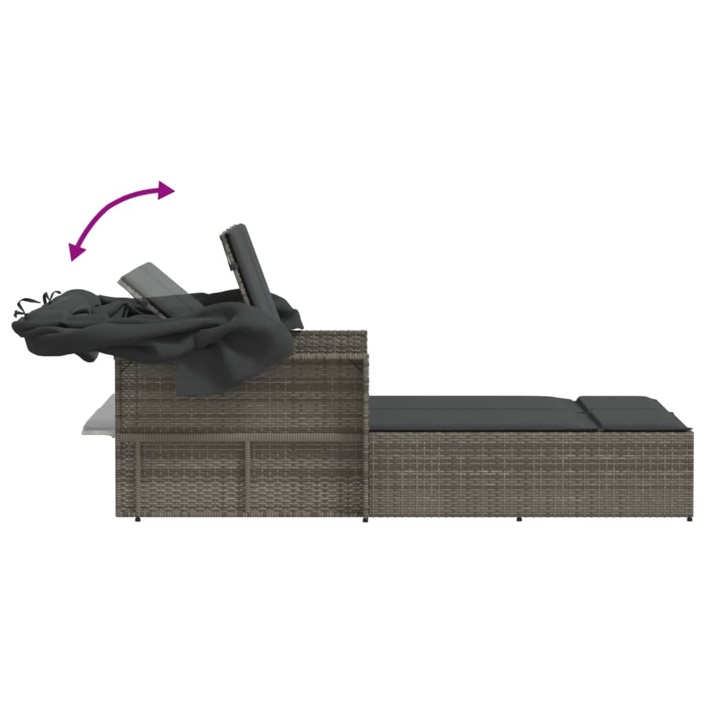 Double sun lounger with canopy and cushions in grey poly rattan
