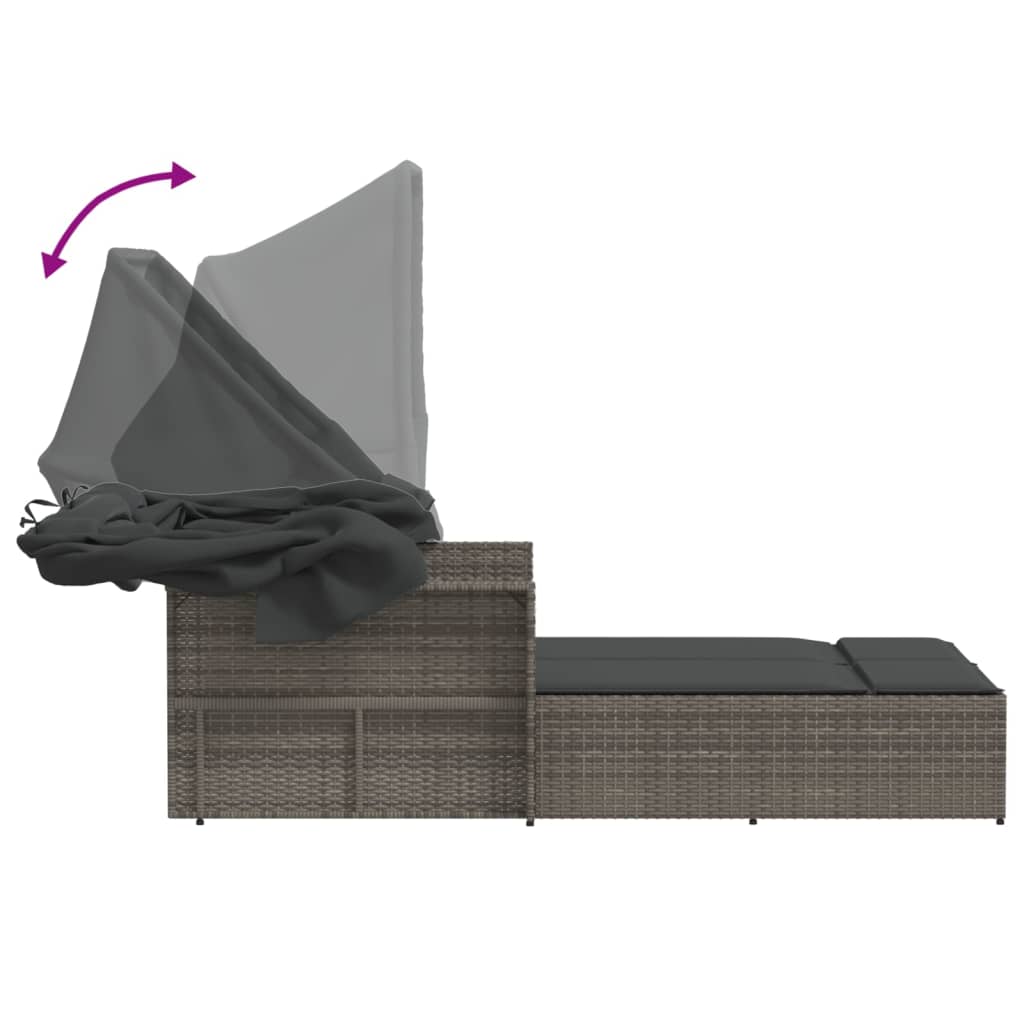 Double sun lounger with canopy and cushions in grey poly rattan