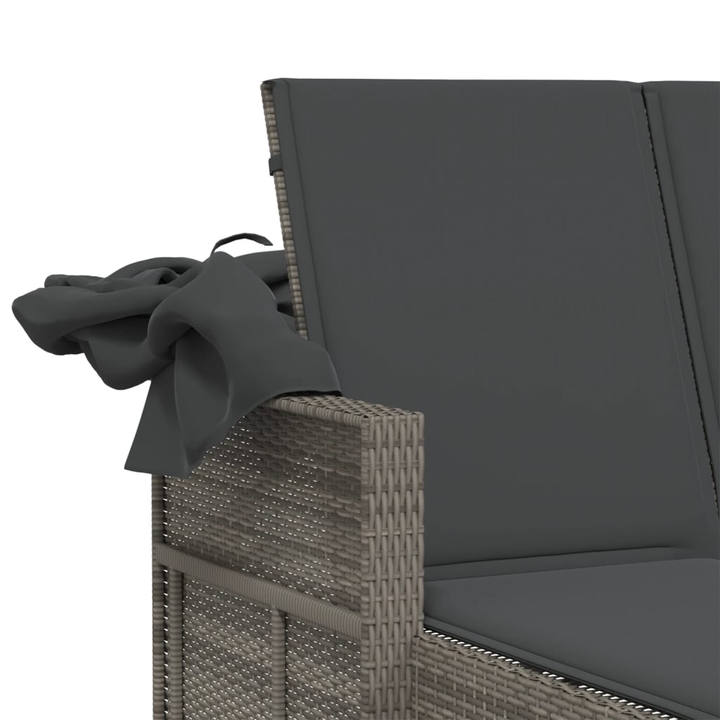 Double sun lounger with canopy and cushions in grey poly rattan