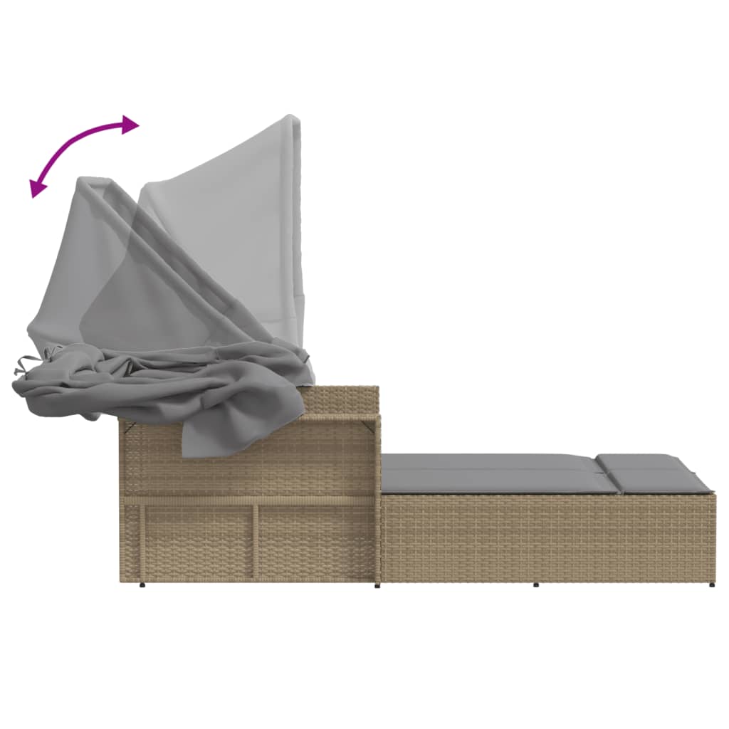Double sun lounger with canopy/cushions in PE wicker, mixed beige