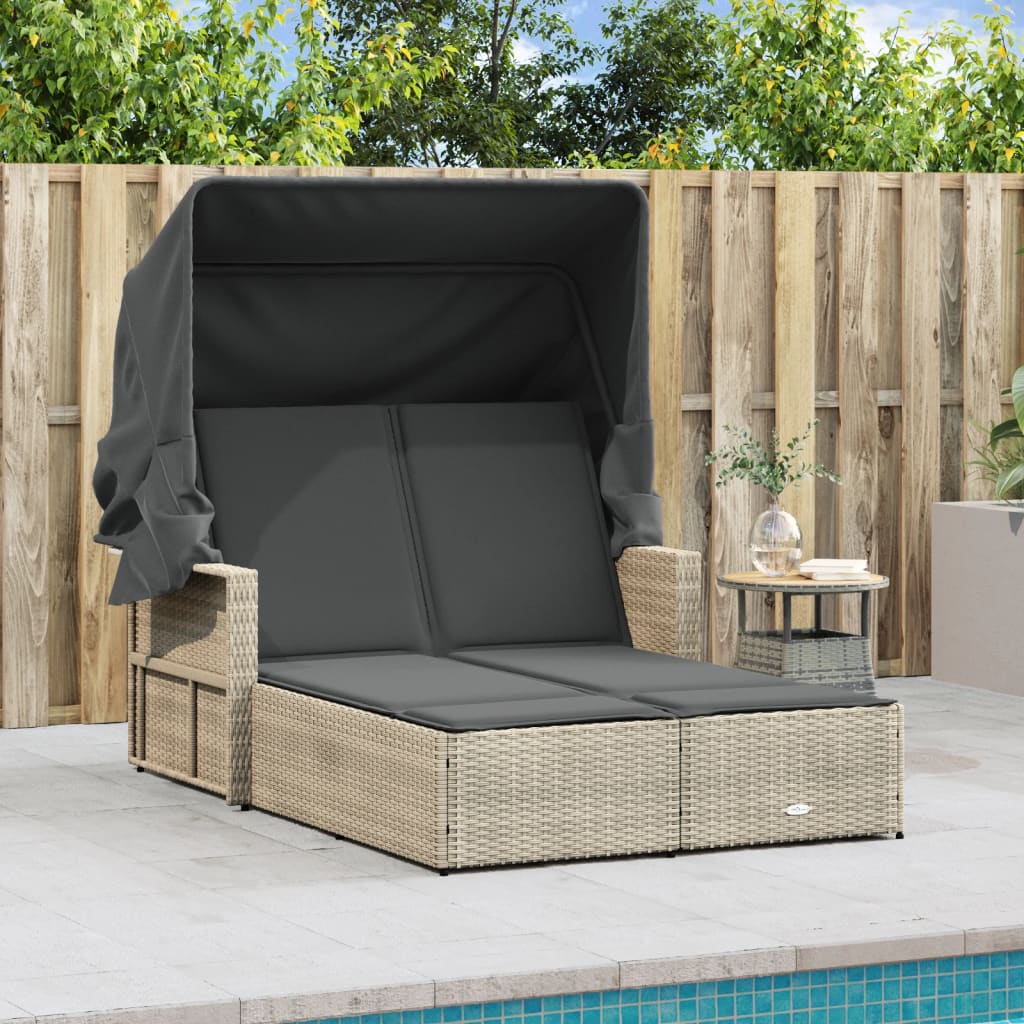 Double sun lounger with canopy and cushions in light grey PE wicker