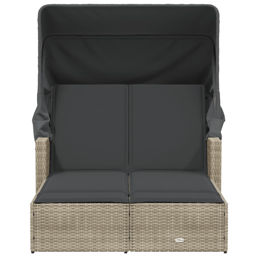 Double sun lounger with canopy and cushions in light grey PE wicker