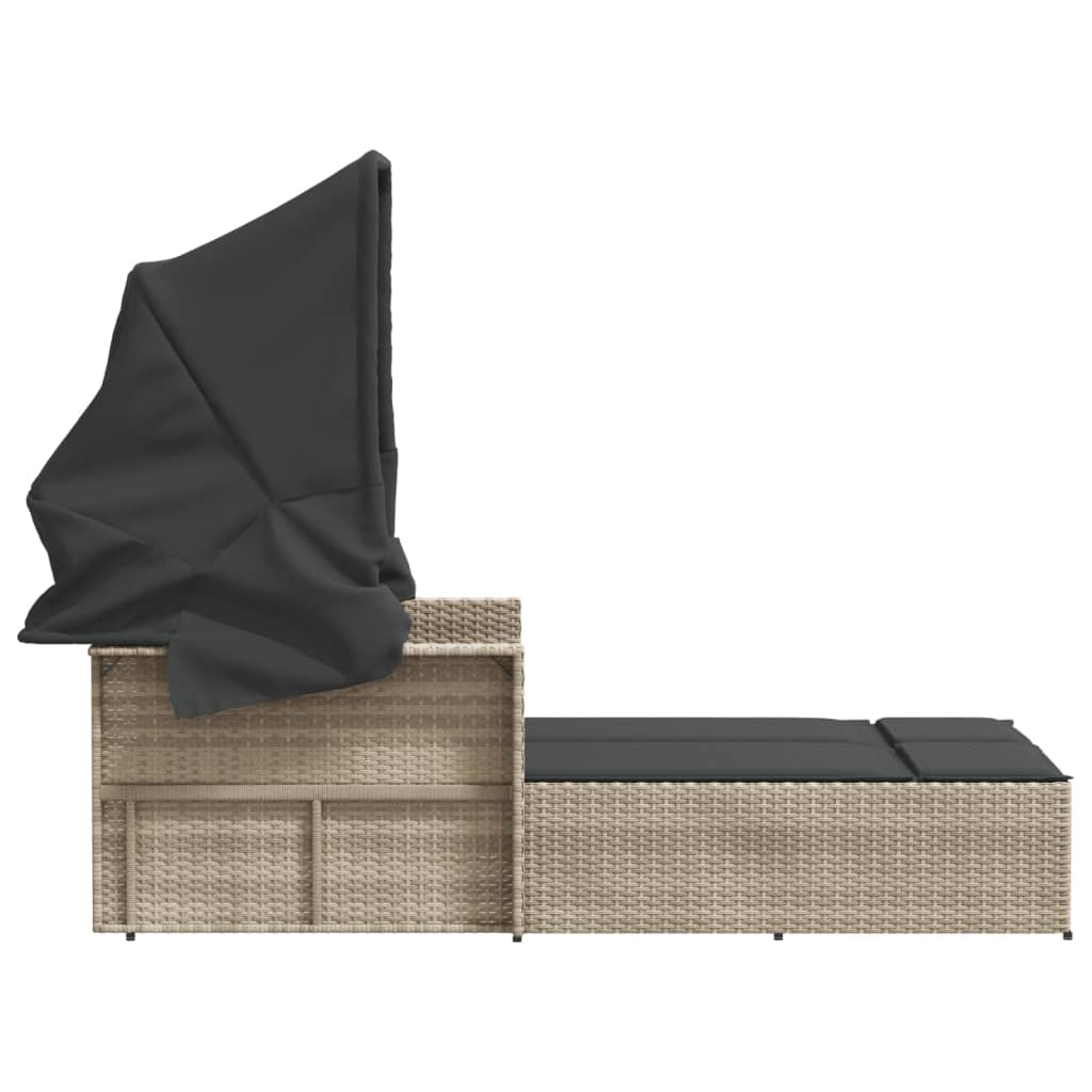 Double sun lounger with canopy and cushions in light grey PE wicker