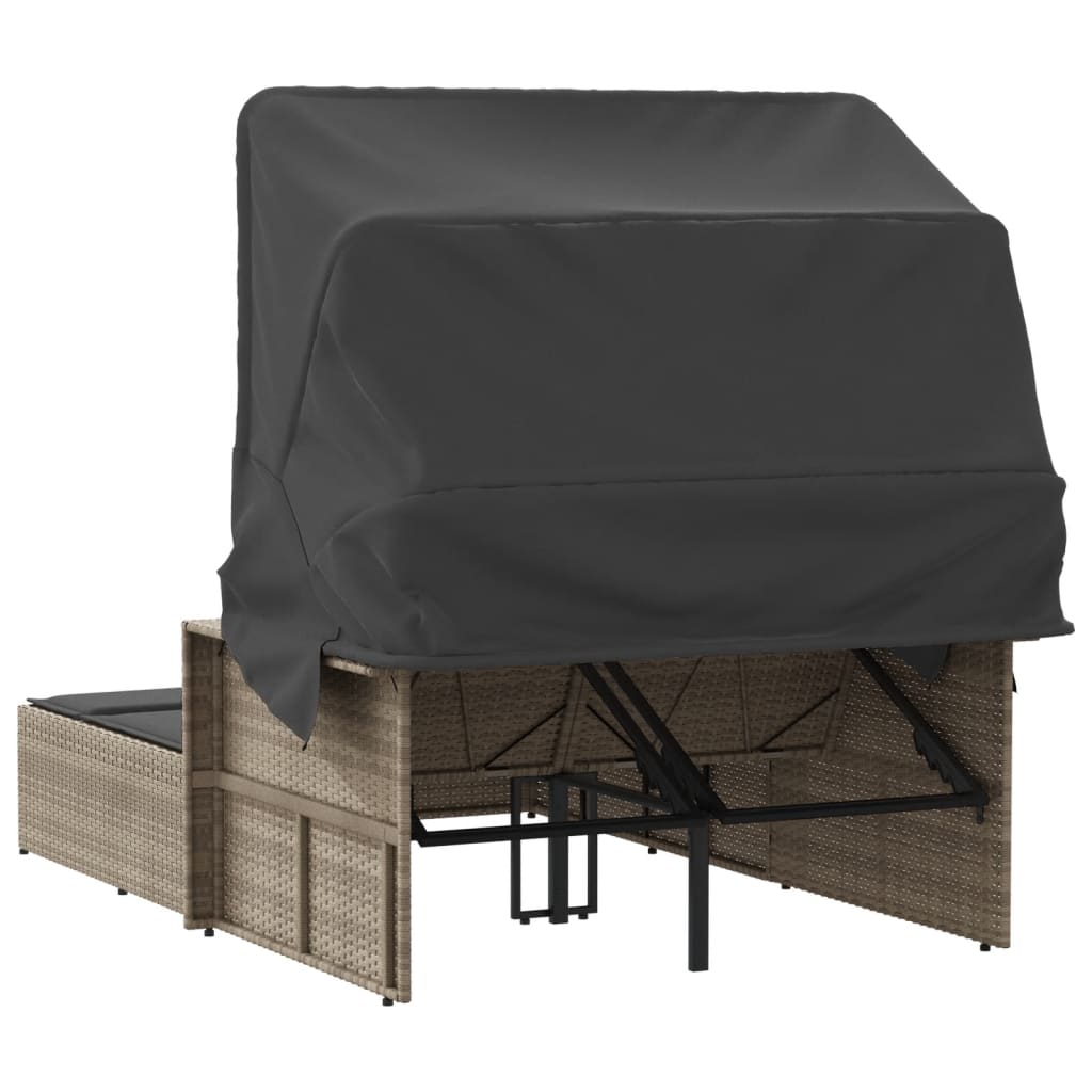 Double sun lounger with canopy and cushions in light grey PE wicker