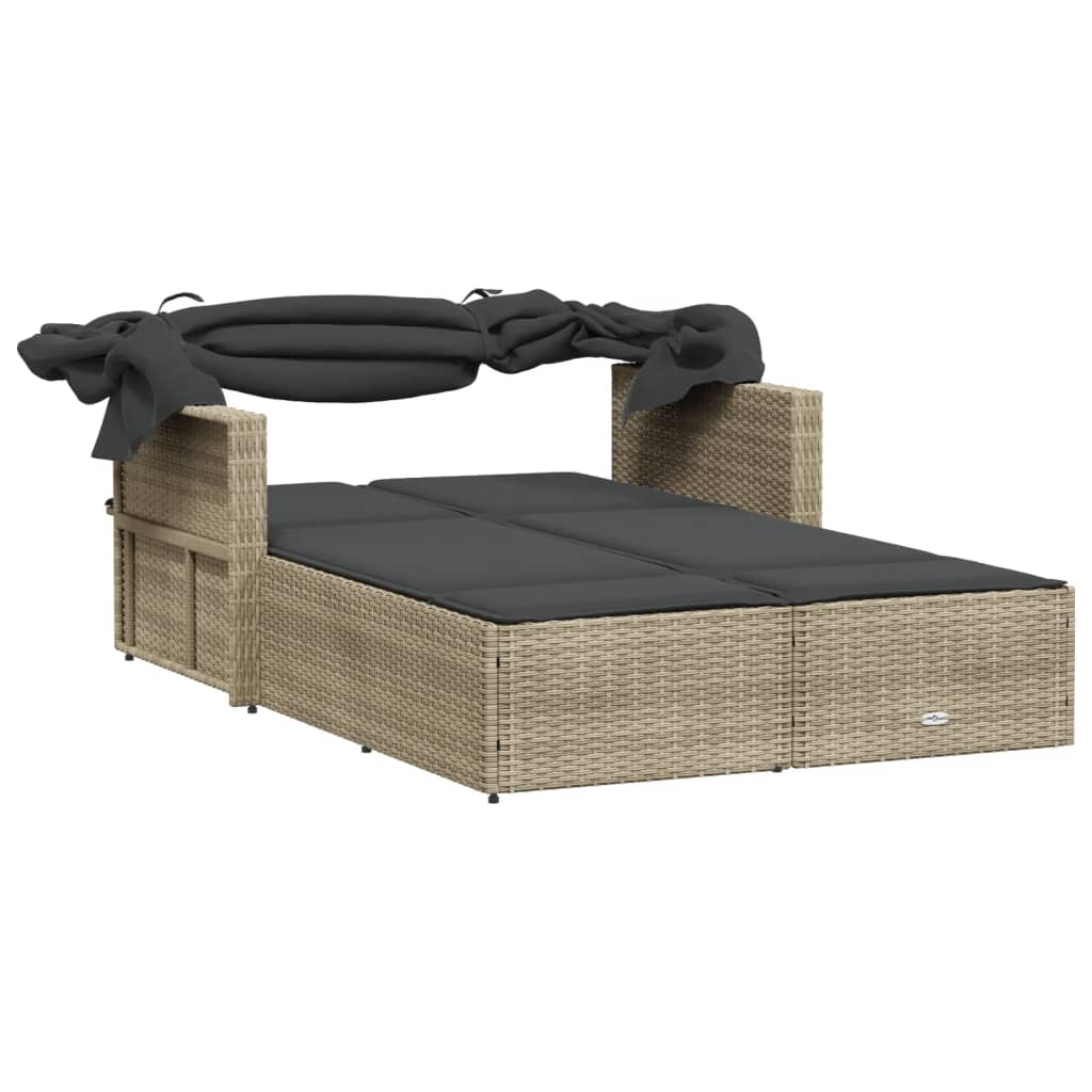 Double sun lounger with canopy and cushions in light grey PE wicker