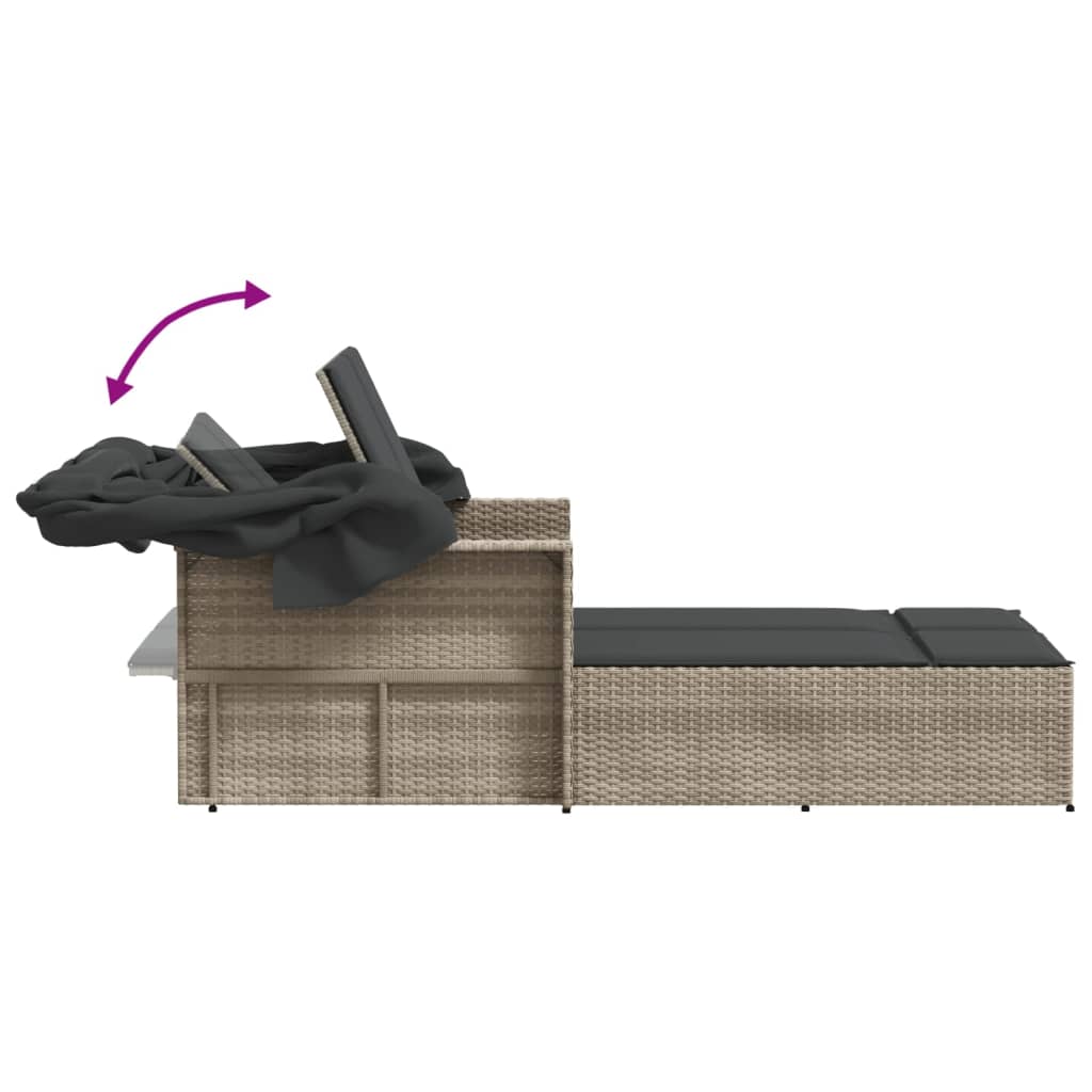 Double sun lounger with canopy and cushions in light grey PE wicker