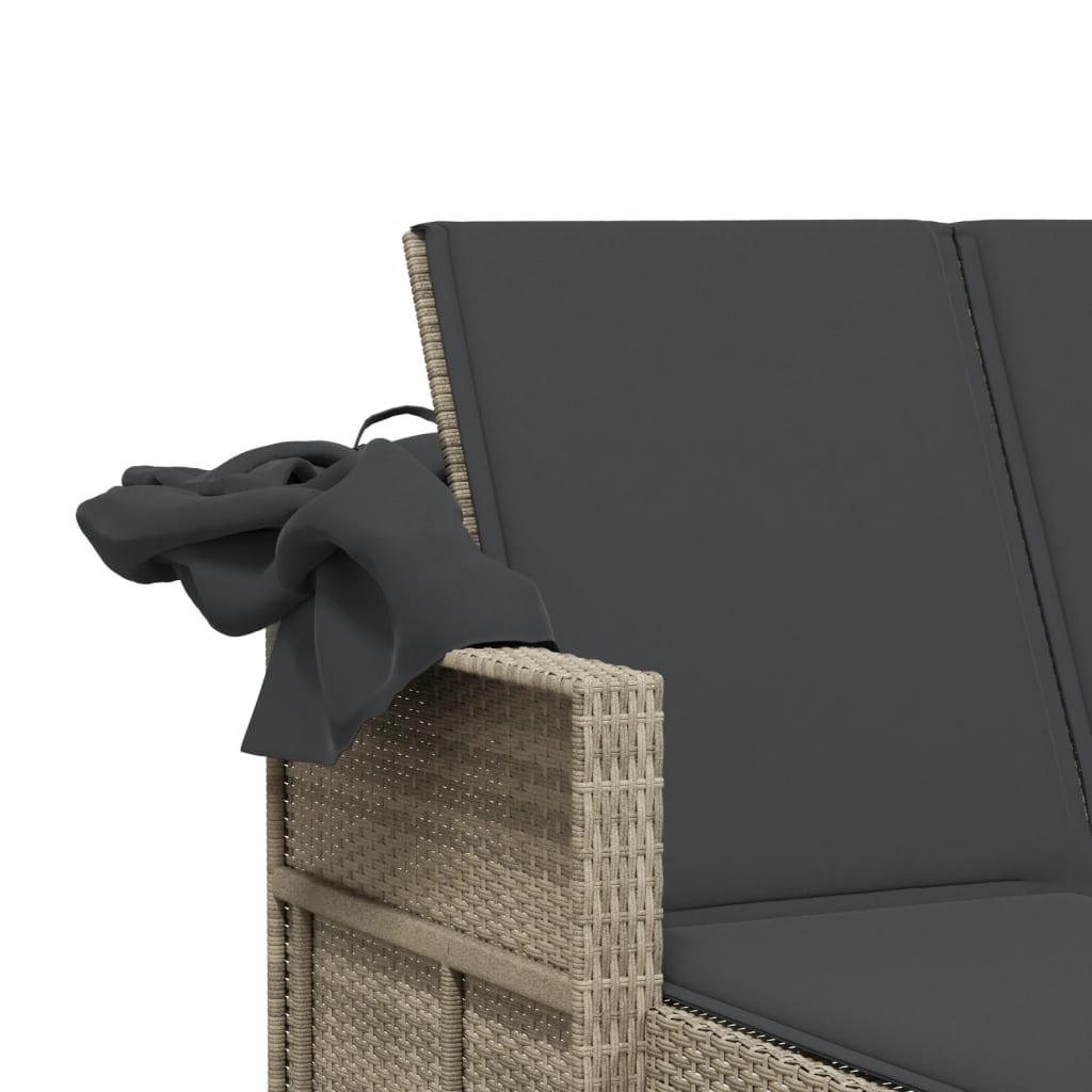 Double sun lounger with canopy and cushions in light grey PE wicker