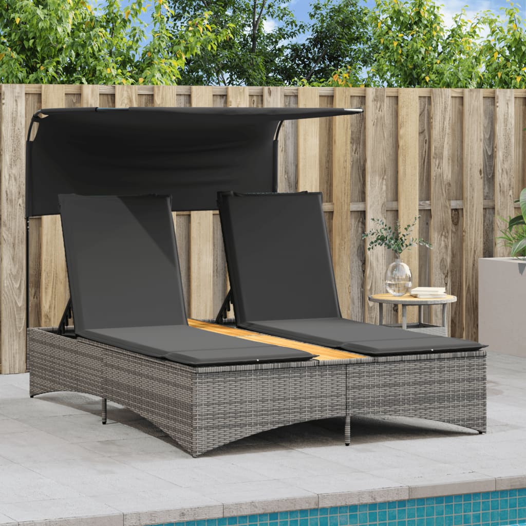 Double sun lounger with canopy and cushions in grey poly rattan
