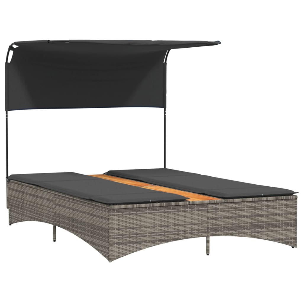 Double sun lounger with canopy and cushions in grey poly rattan