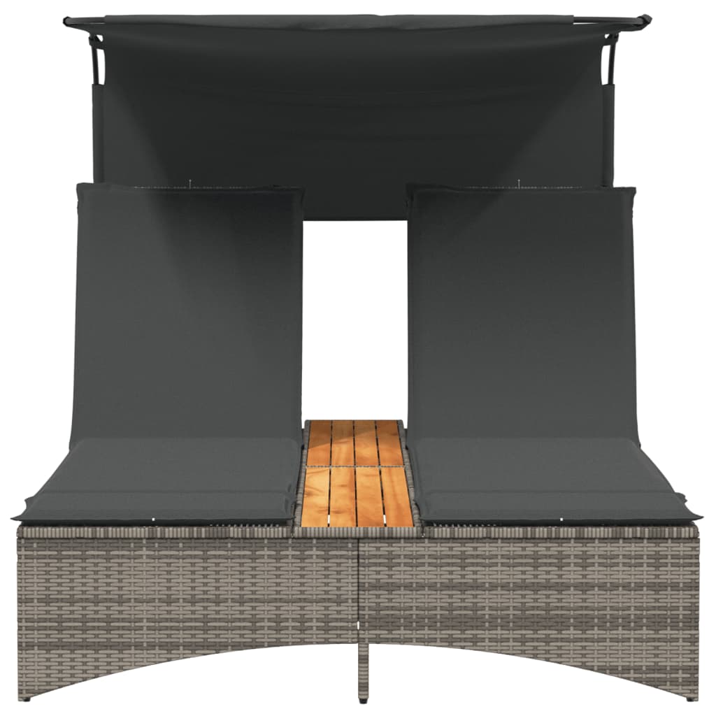 Double sun lounger with canopy and cushions in grey poly rattan