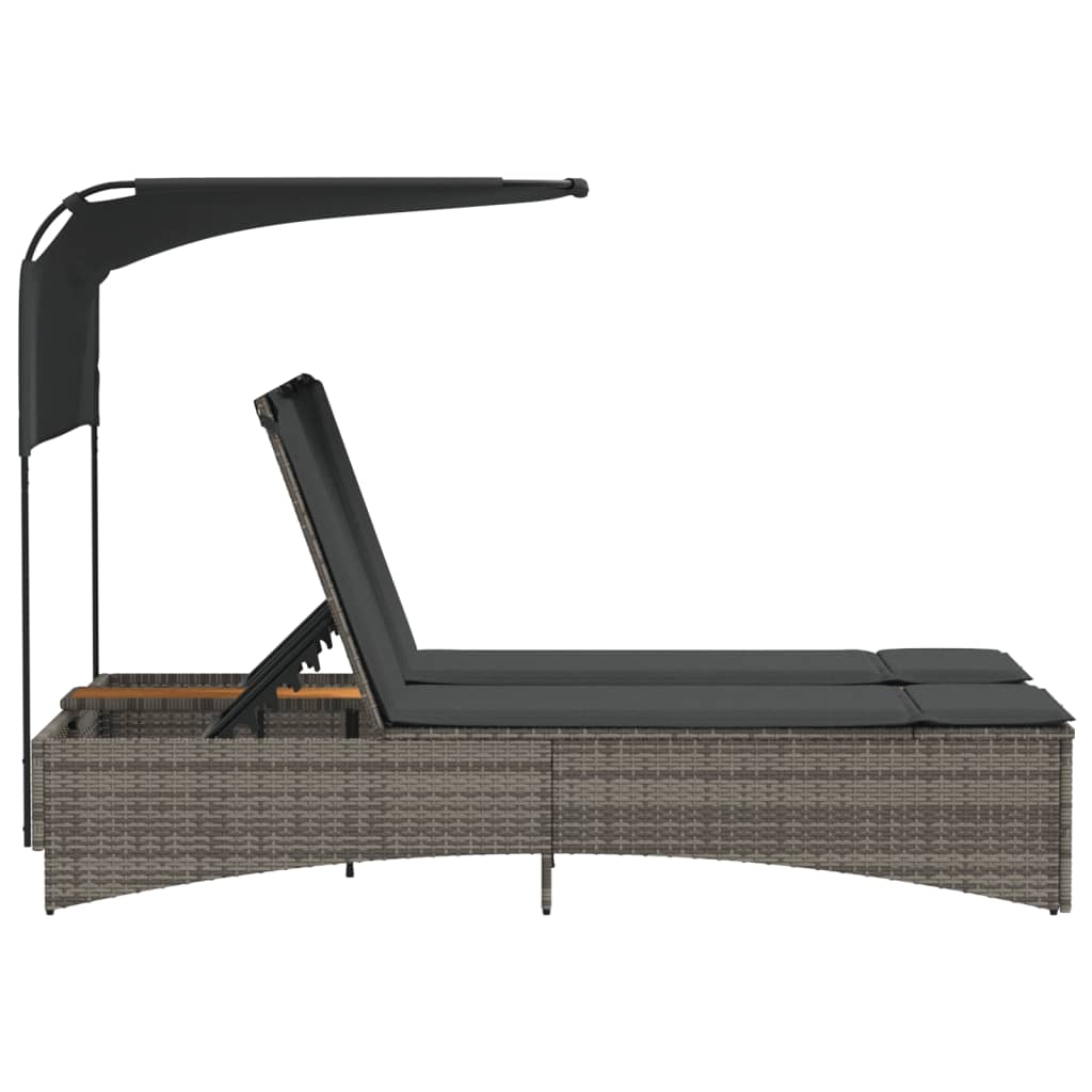 Double sun lounger with canopy and cushions in grey poly rattan