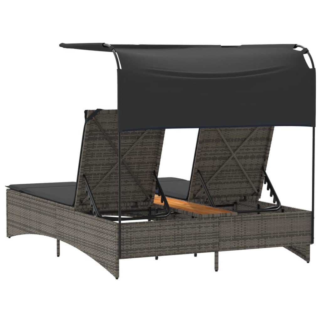 Double sun lounger with canopy and cushions in grey poly rattan