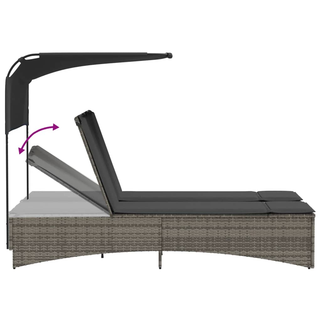 Double sun lounger with canopy and cushions in grey poly rattan