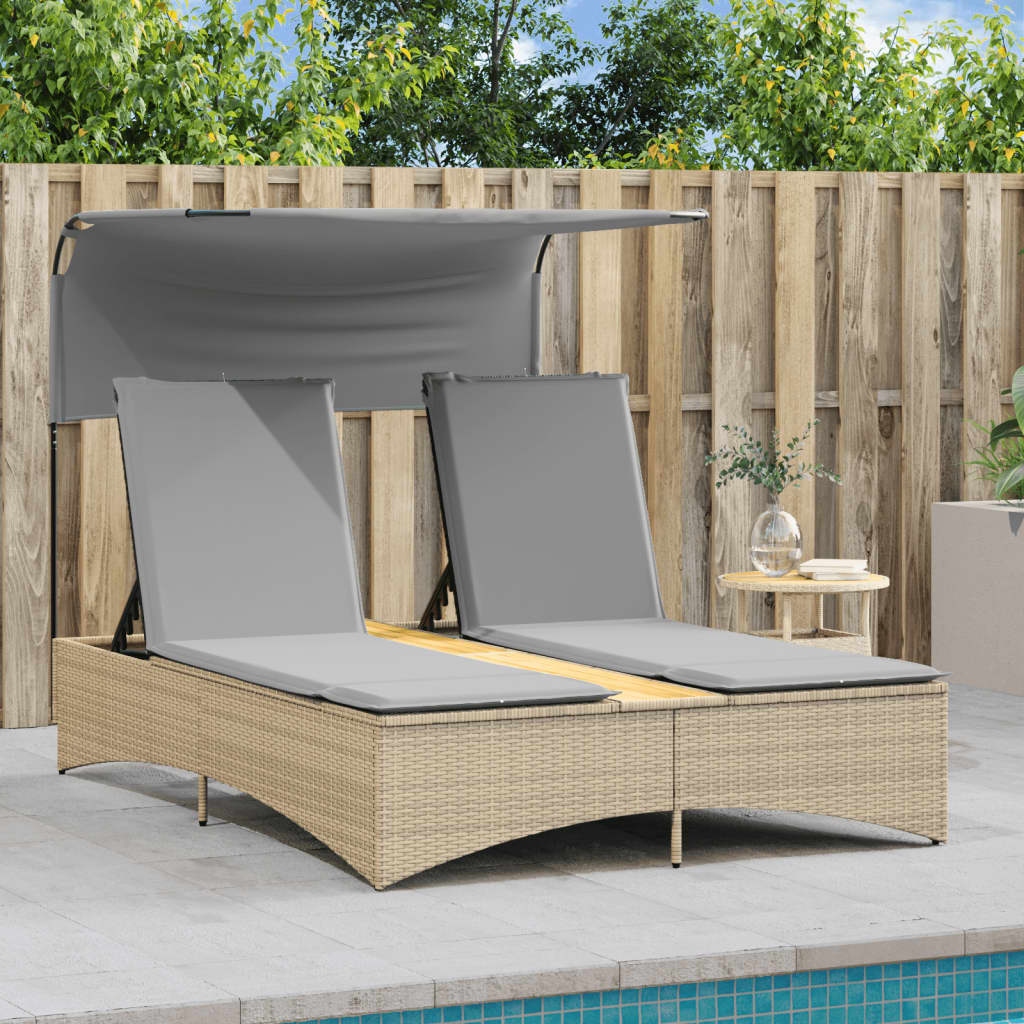 Double sun lounger with canopy/cushions in PE wicker, mixed beige