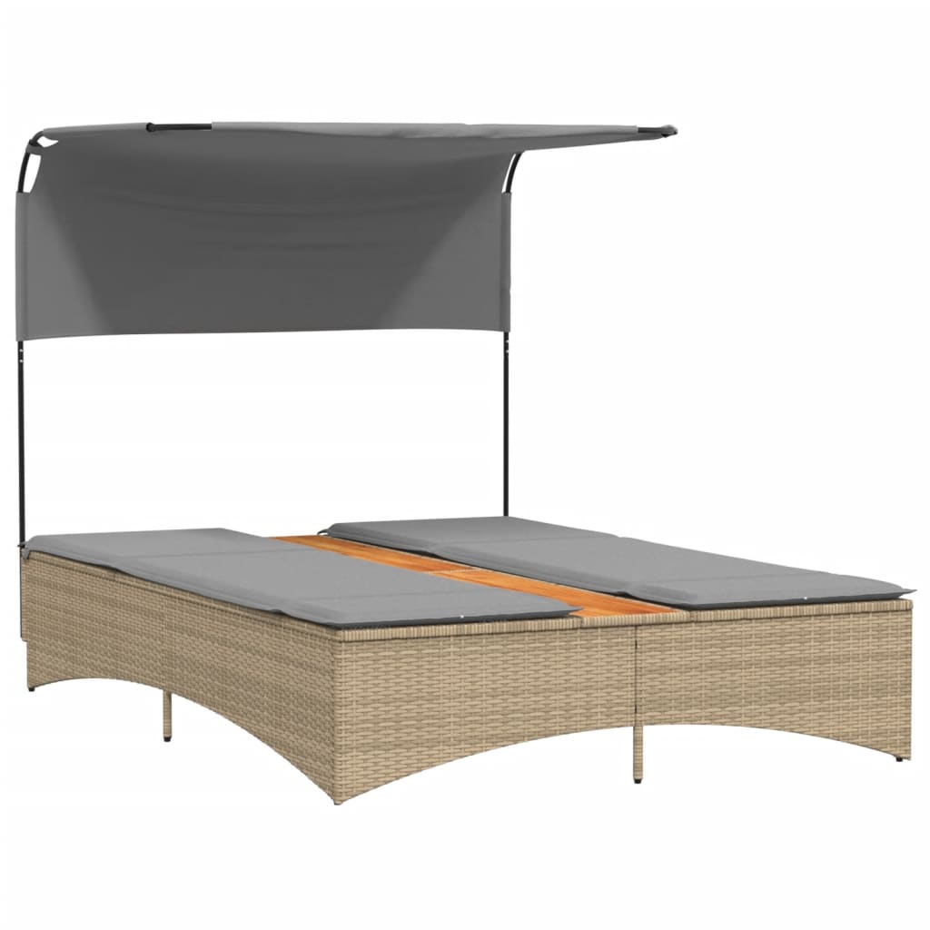 Double sun lounger with canopy/cushions in PE wicker, mixed beige