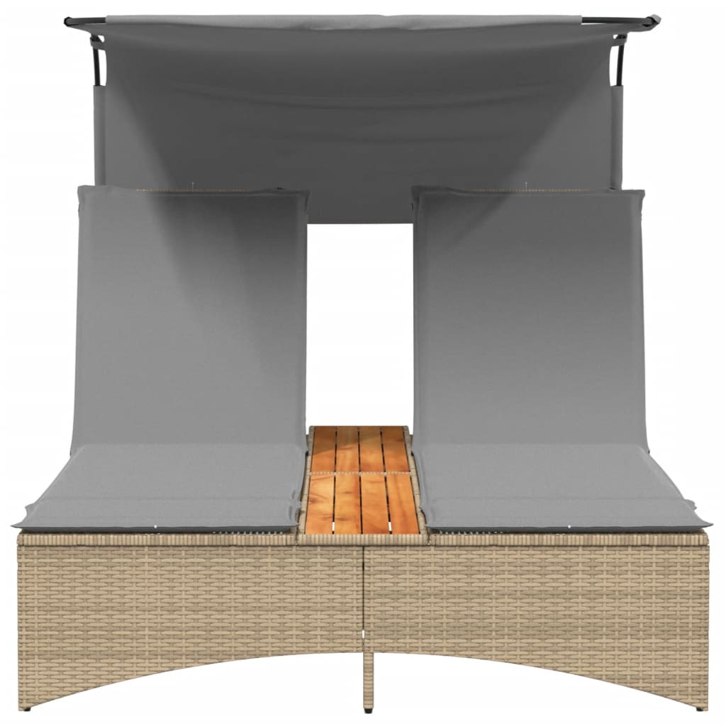 Double sun lounger with canopy/cushions in PE wicker, mixed beige