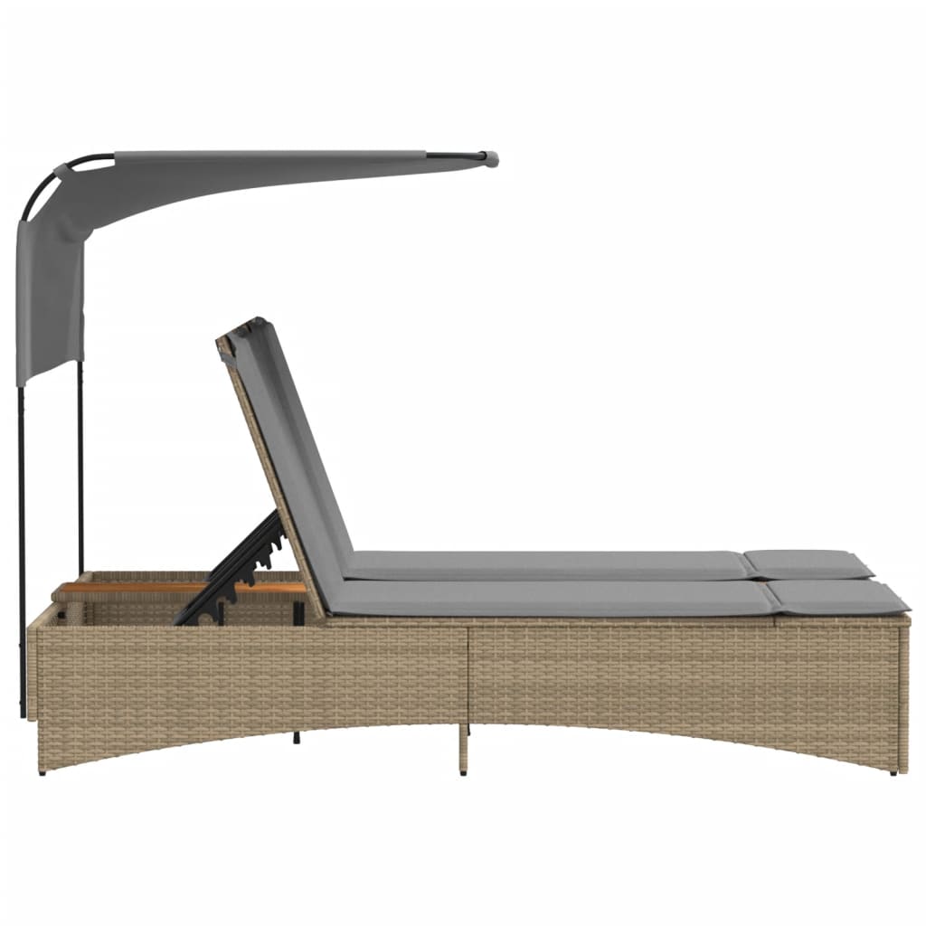 Double sun lounger with canopy/cushions in PE wicker, mixed beige