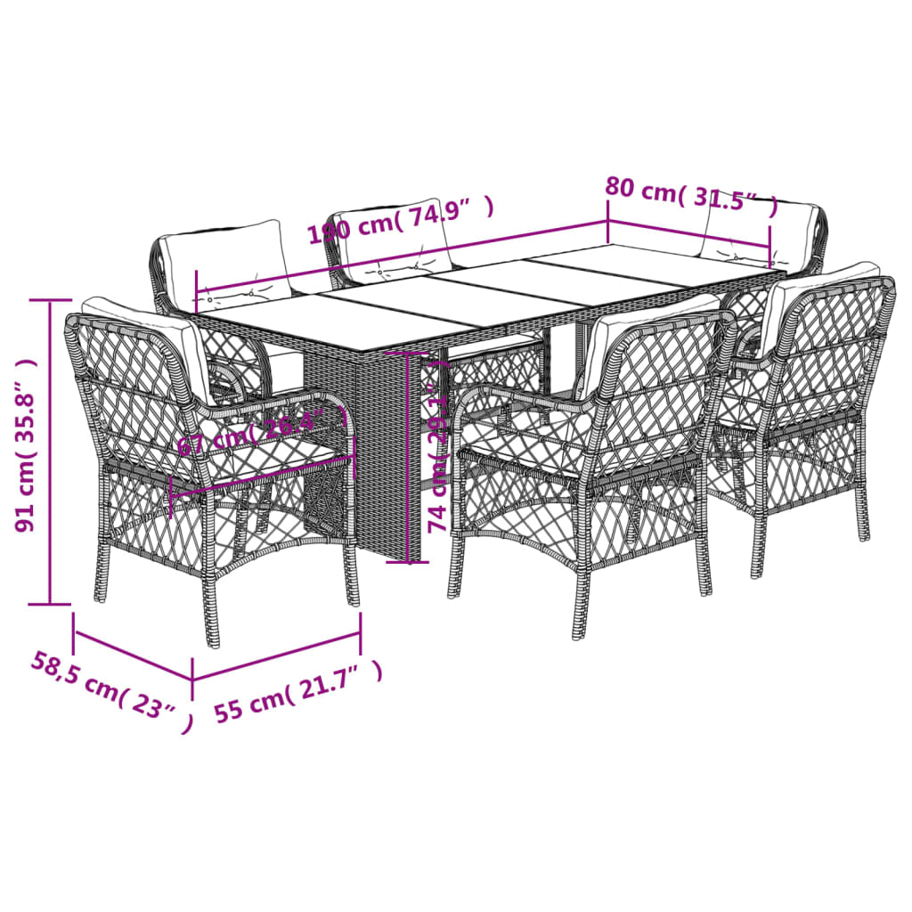 7 pcs conjunto jantar p/ jardim c/ almofadões vime PE castanho