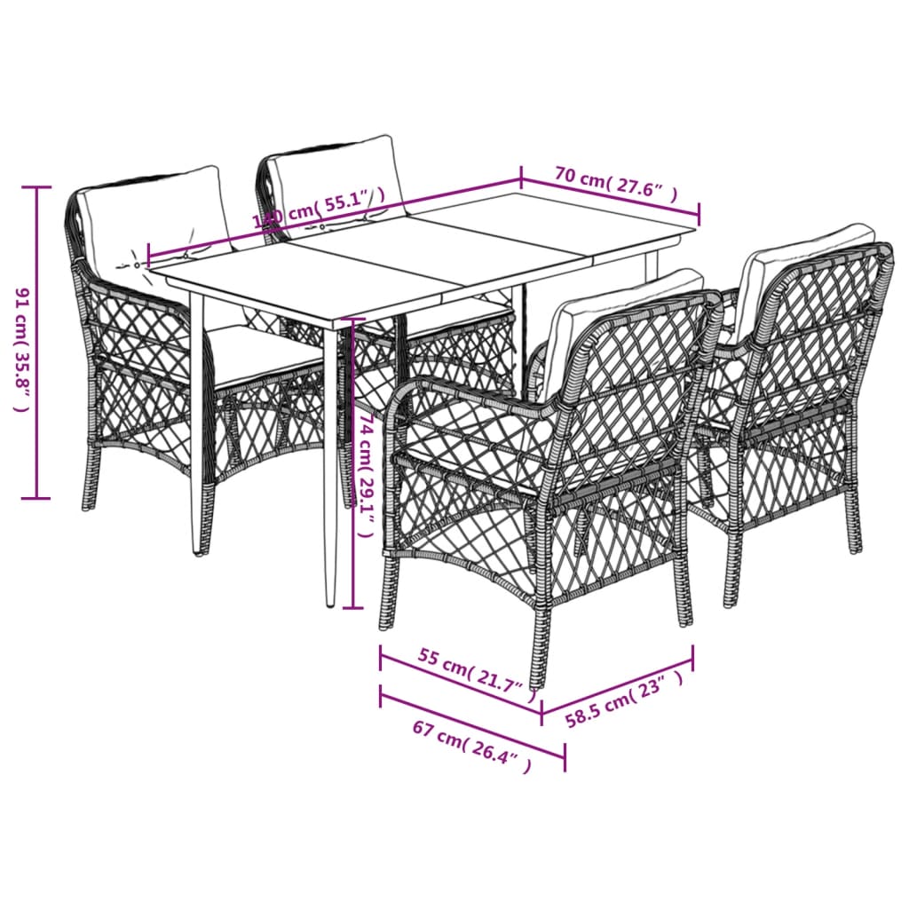 5pcs conj. jantar jardim c/ almofadões vime PE bege misturado