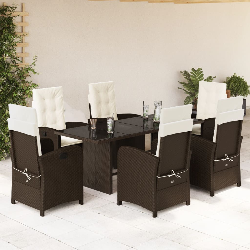 7 pcs conjunto jantar p/ jardim c/ almofadões vime PE castanho