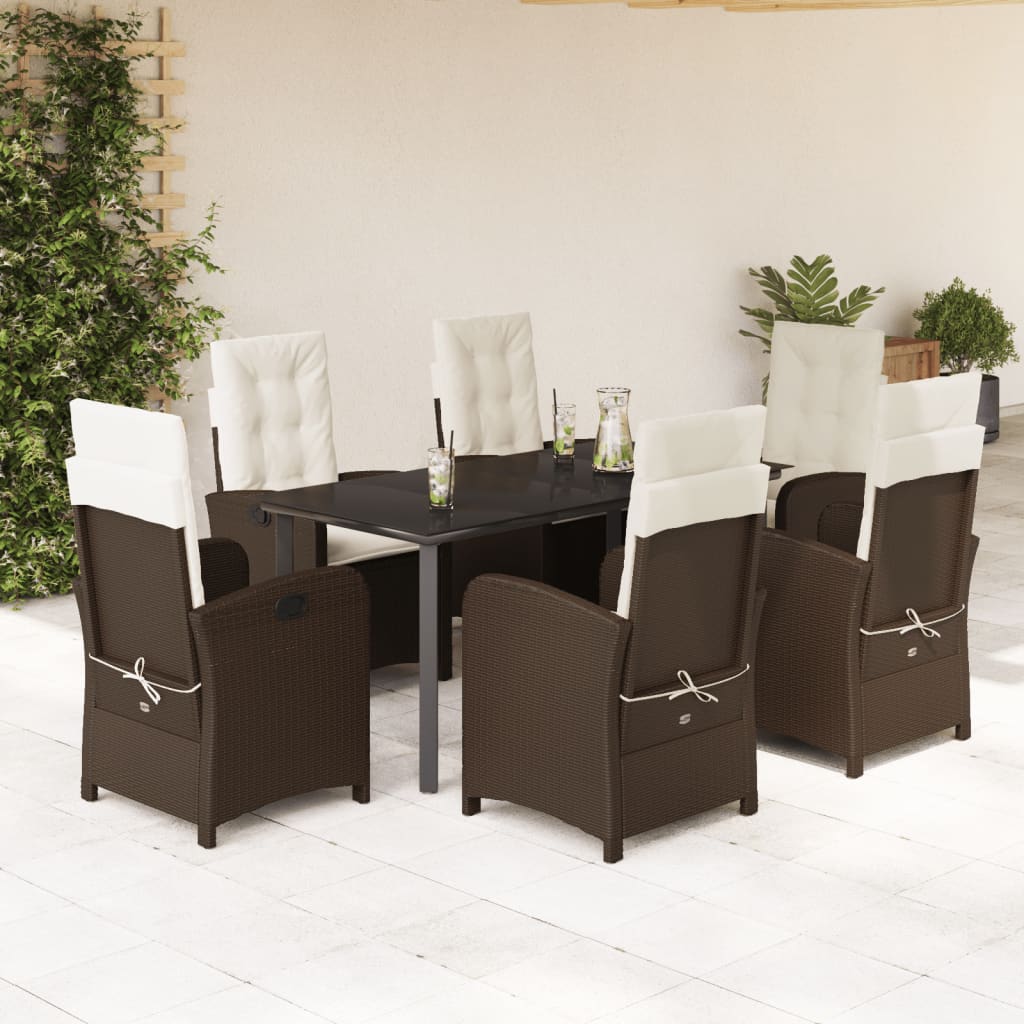 7 pcs conjunto jantar p/ jardim c/ almofadões vime PE castanho