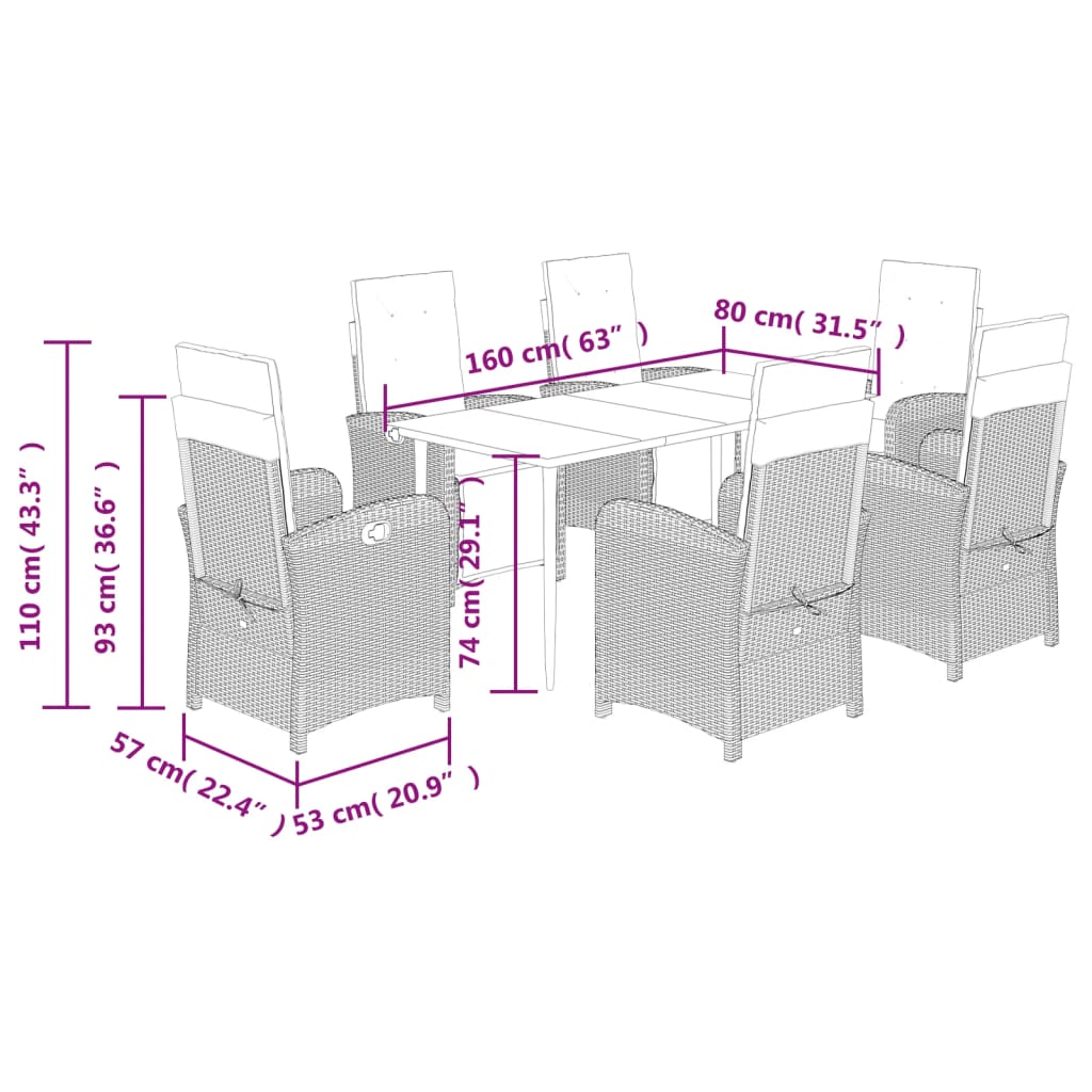 7 pcs conjunto jantar p/ jardim c/ almofadões vime PE castanho
