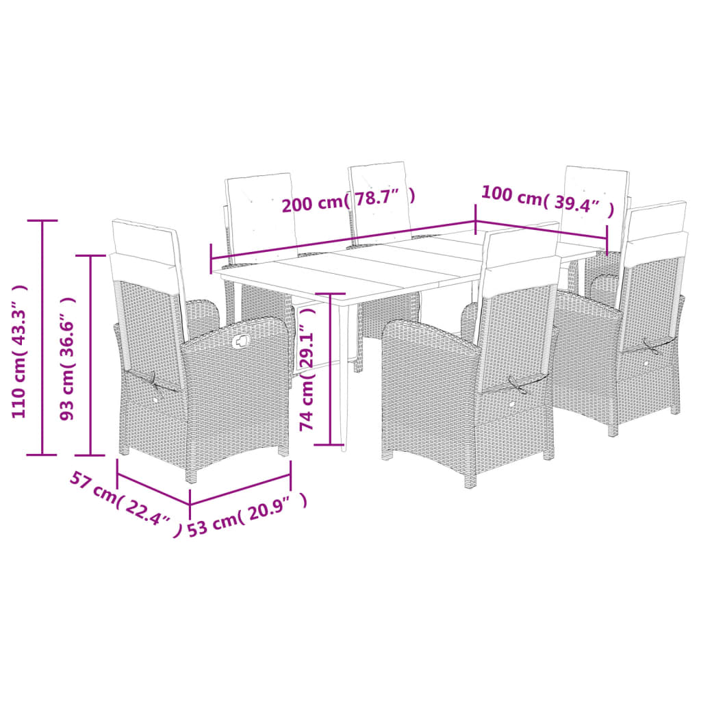 7 pcs conjunto jantar p/ jardim c/ almofadões vime PE castanho