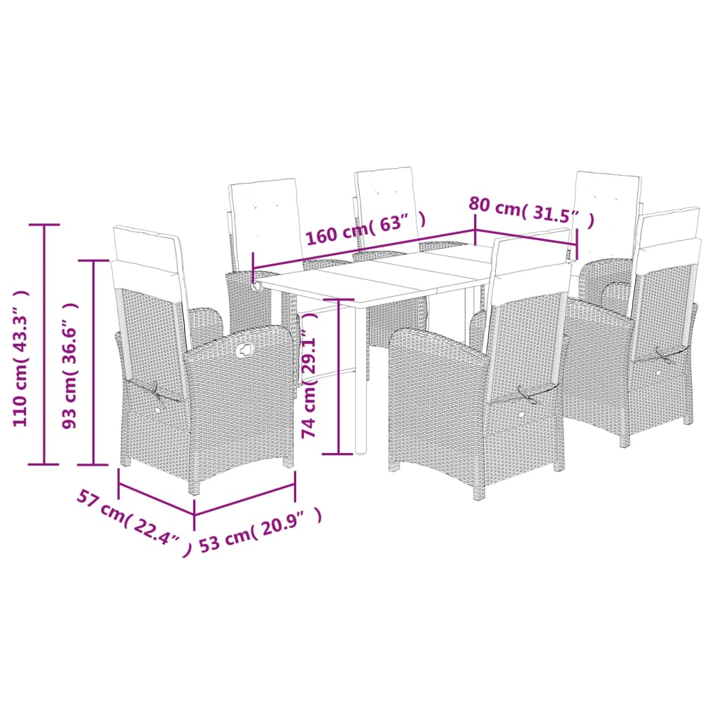 7 pcs conjunto jantar p/ jardim c/ almofadões vime PE castanho